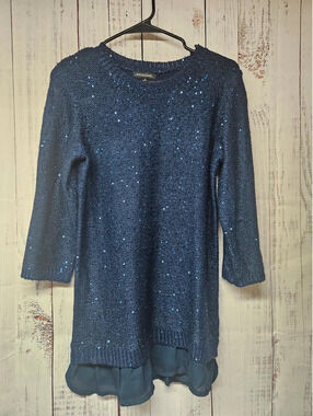 Notations Women's Navy Blue Sequin Knit Tunic Sweater Size Small